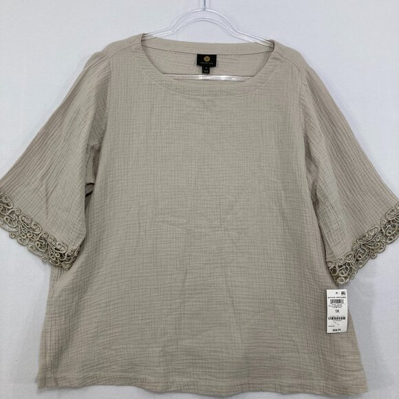 New JM Collection size 1X Gray Gauzy Cotton Lace Detail Relaxed Blouse Vacation - Picture 1 of 10